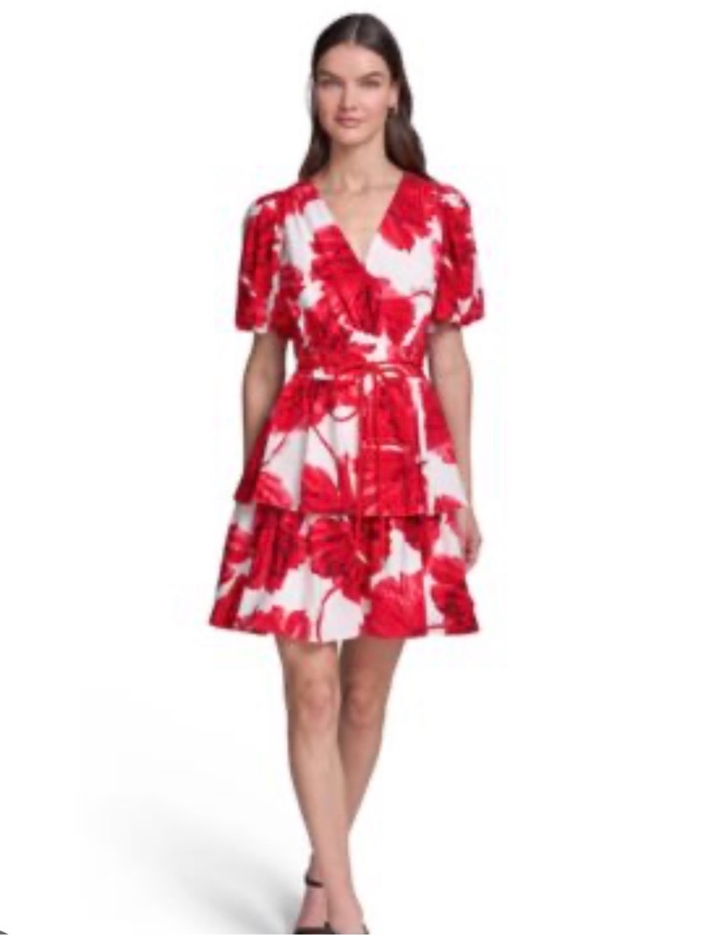 Karl Lagerfeld Red and White Floral Tiered Wrap Dress